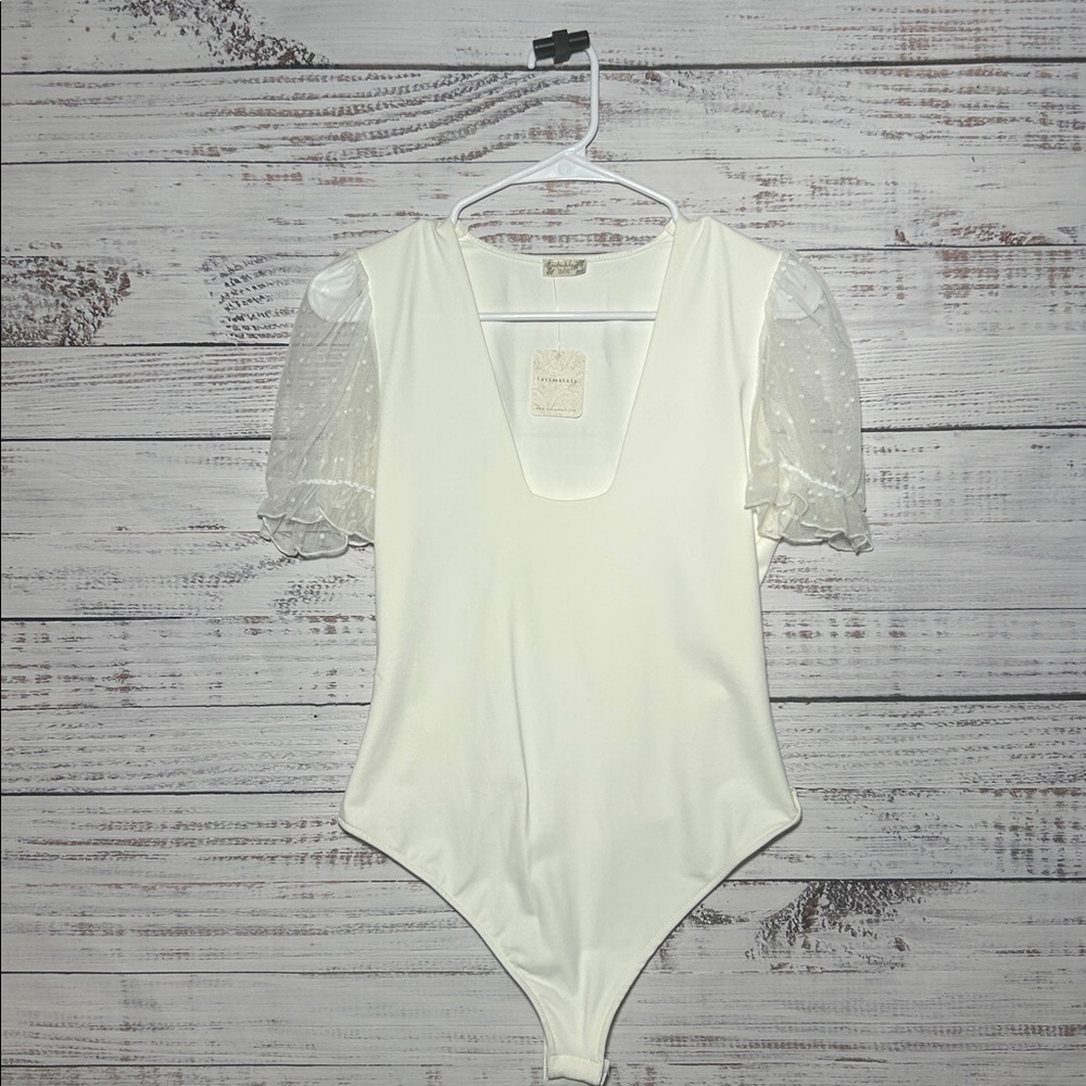 Intimately Free People Bare & Square Bodysuit Sheer Polka Dot Sleeves Ivory NWT - Picture 5 of 16